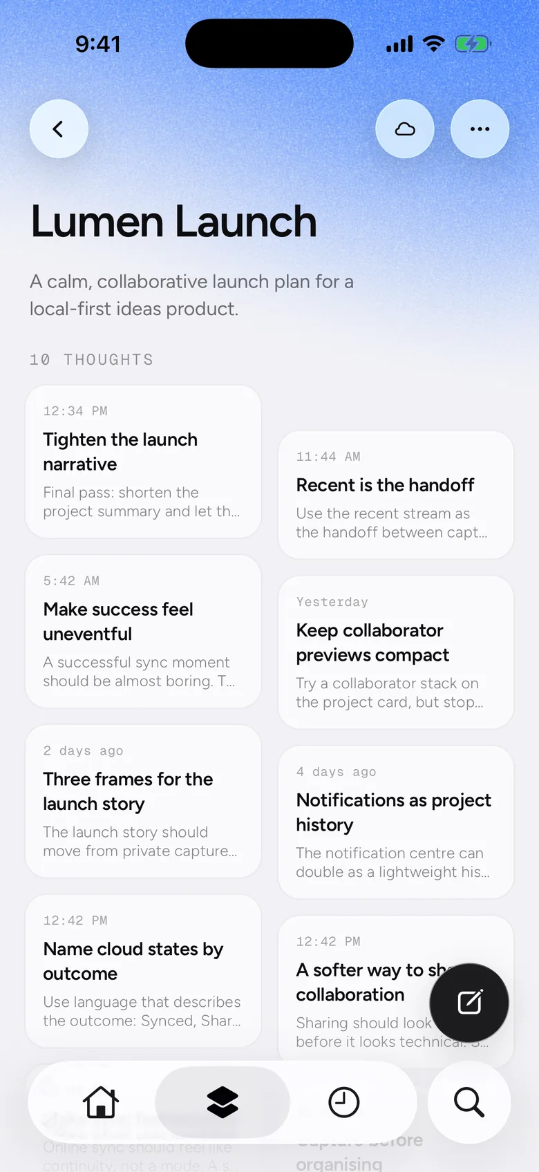 The Lumen Launch project open in Thoughts AI, holding ten thoughts — the first of them Tighten the launch narrative, the note that just left the Notes app.